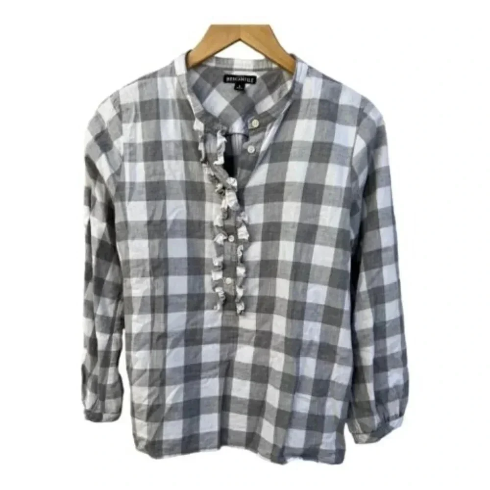 J Crew Mercantile Size Small Ruffle Flannel Shirt Gray White Plaid‎ Pullover​​